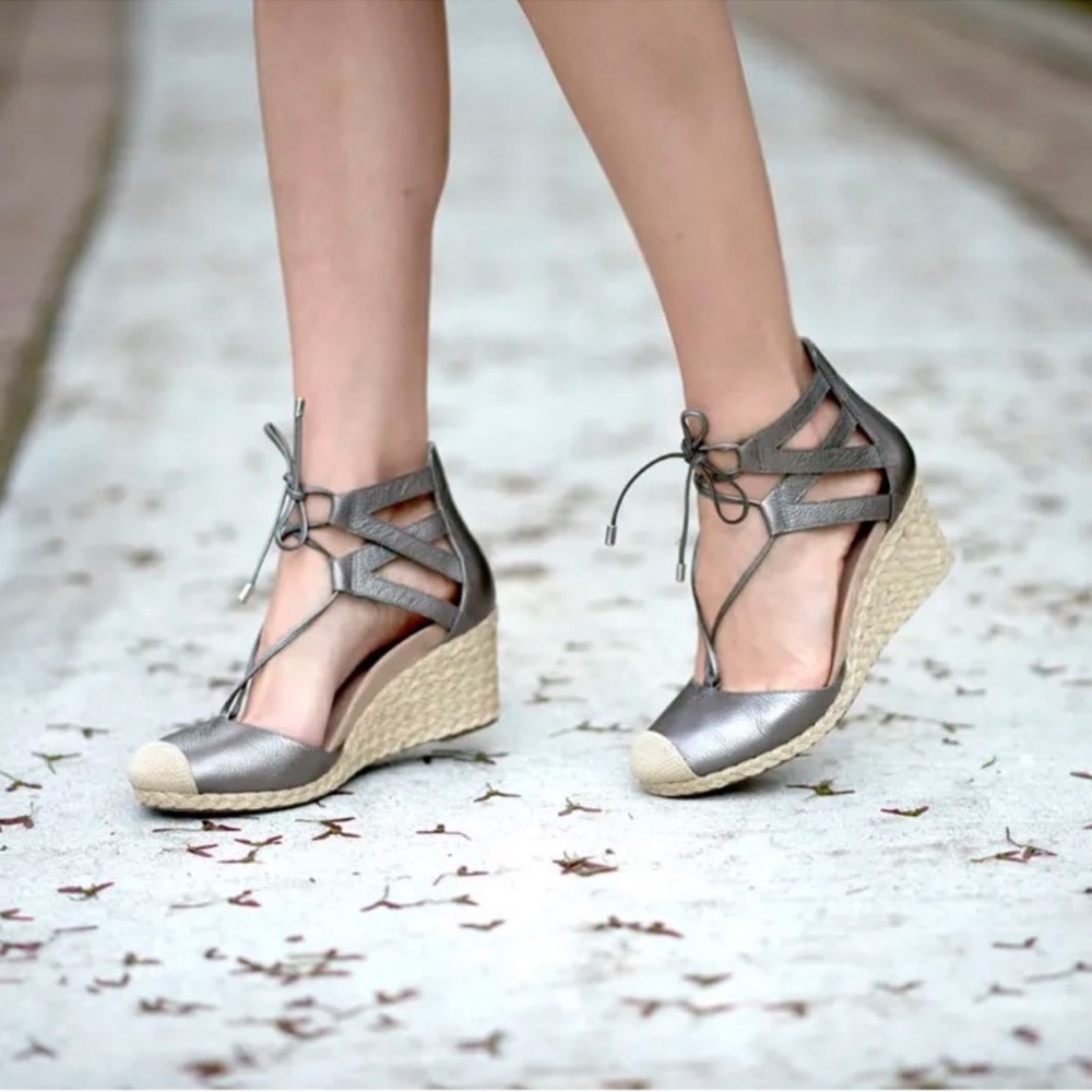 Vionic Metallic Gray Aruba Calypso Espadrille Jute Wedge Sandals - Sz 8